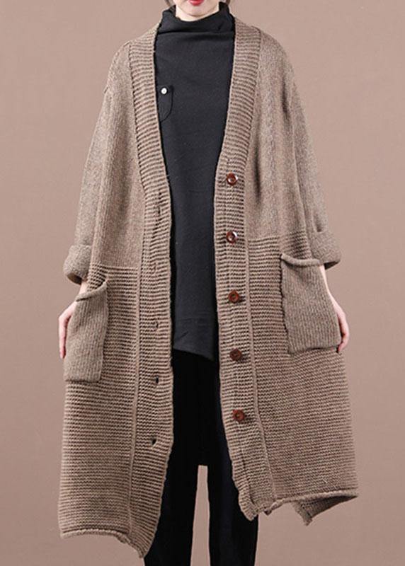 Chocolate V Neck Pockets Fall Long Sweater Coat