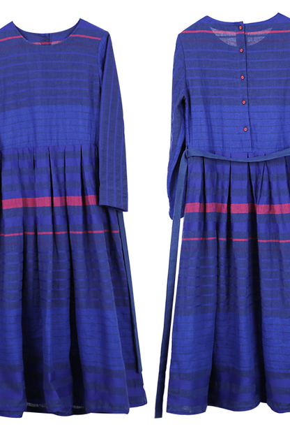 Loose Linen Blue Striped Dress