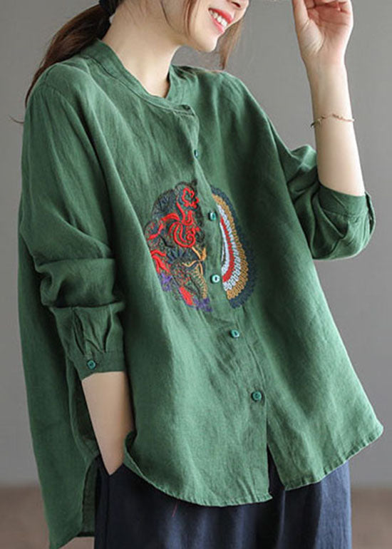 Green Embroidered Linen Shirt Top Long Sleeve