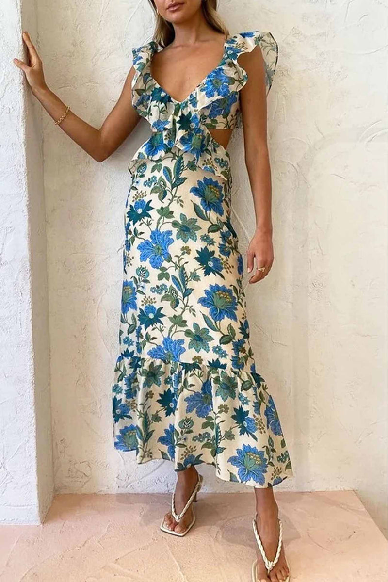 Ruffled Cutout Printed Lace Up Dress