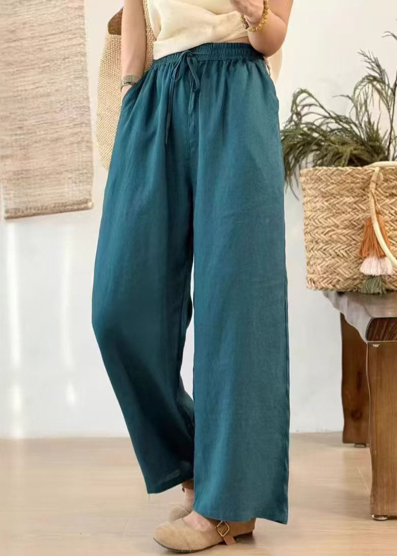 Green Elastic Waist Linen Straight Pants Summer