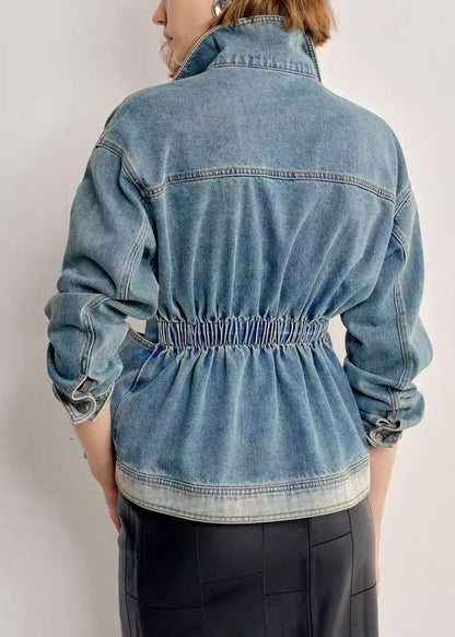 Italian Gradient Color Peter Pan Collar With Pockets Denim Coats Fall