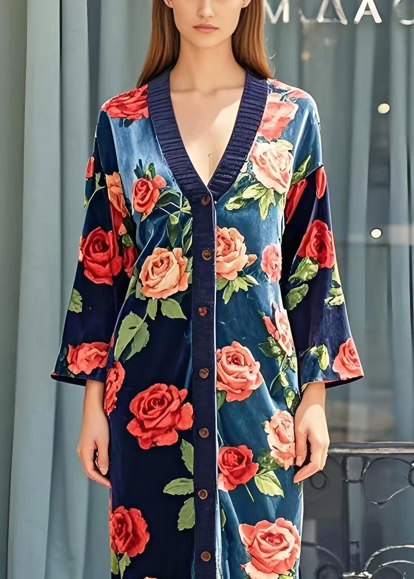 Italian Navy V Neck Silk Velvet Long Dress Spring