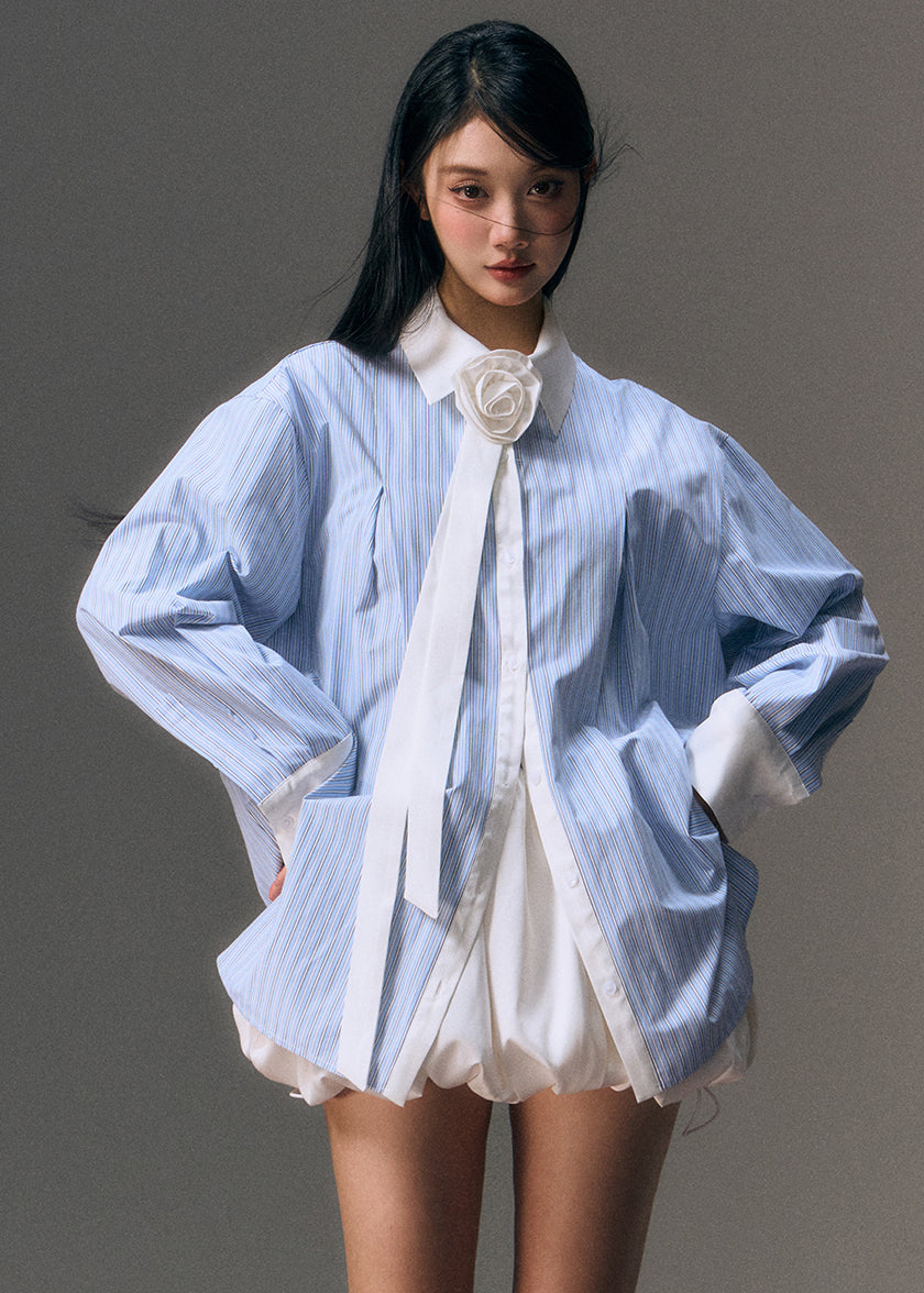 Blue Peter Pan Collar Striped Shirt and Skirts Two Pieces Set Fall