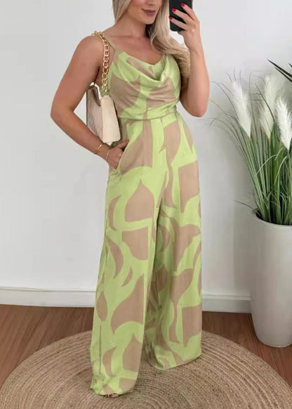 Stylish Yellow Green Print Cotton Spaghetti Strap Jumpsuit Summer