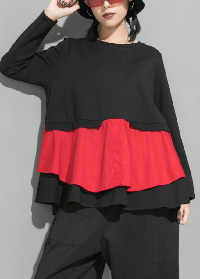 Simple Mulberry O-neck Ruffled Patchwork Top Spring