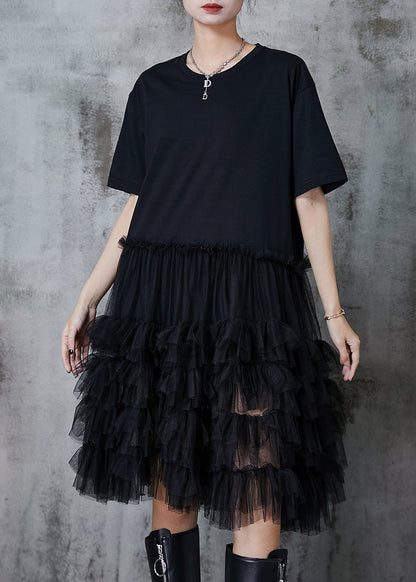 Black Oversized Patchwork Cotton Dresses Summer