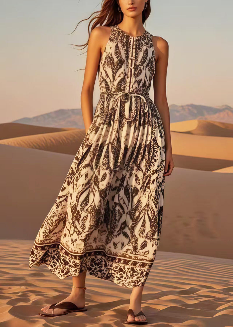 Simple Khaki Tie Waist Print Cotton Maxi Dress Sleeveless
