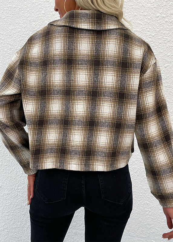 Khaki Peter Pan Collar Pockets Plaid Cotton Short Coat Fall