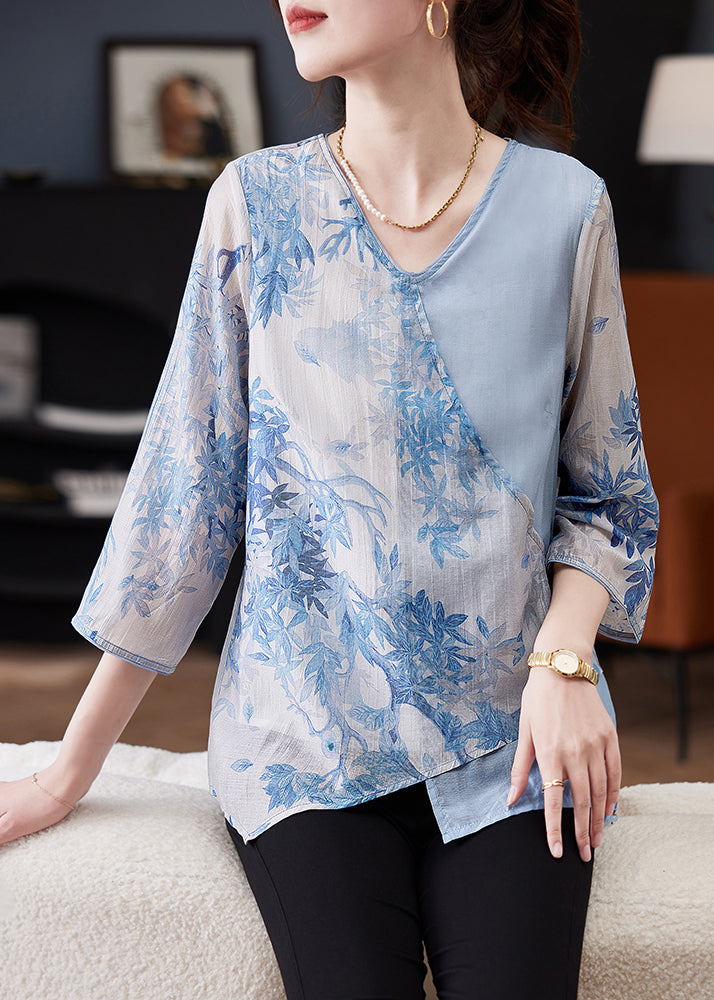 Blue Asymmetrical Print Tie Waist Chiffon Top Bracelet Sleeve