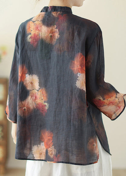 Black Stand Collar Print Top Bracelet Sleeve