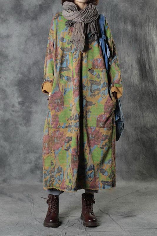 Loose Retro Print Button Big Pocket Dress