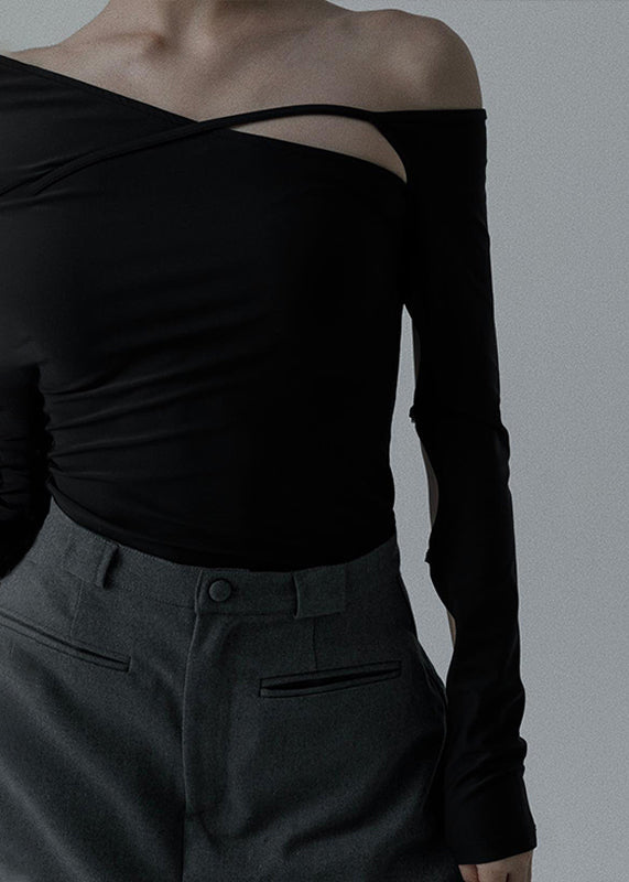Black Asymmetrical Hollow Out Cotton Dance T Shirt Spring