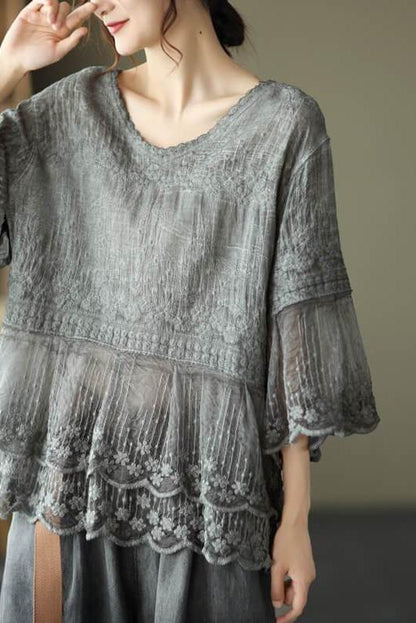 V Neck Lace Embroidered Shirt
