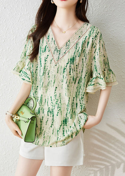 Boutique Green V Neck Print Chiffon Shirt Butterfly Sleeve