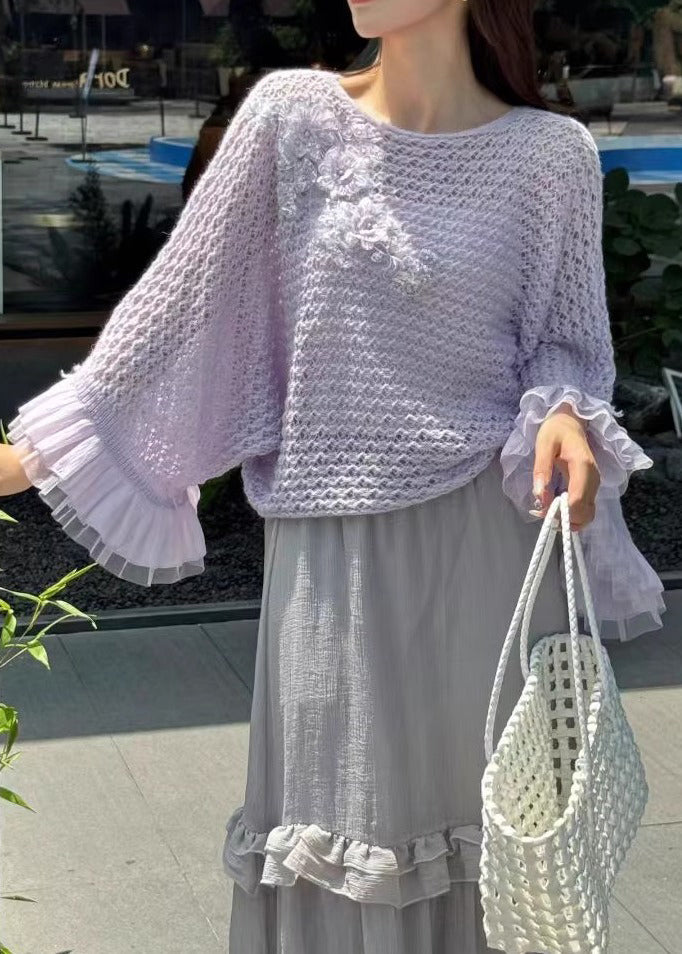 White Hollow Out Patchwork Knit Sweater Fall