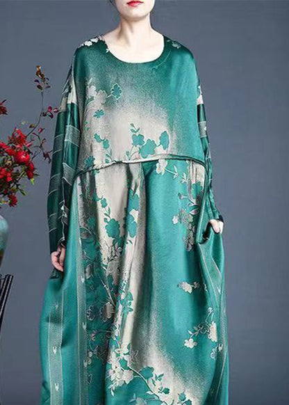 Jacquard Red O-neck Pockets Print Silk Maxi Dress Spring