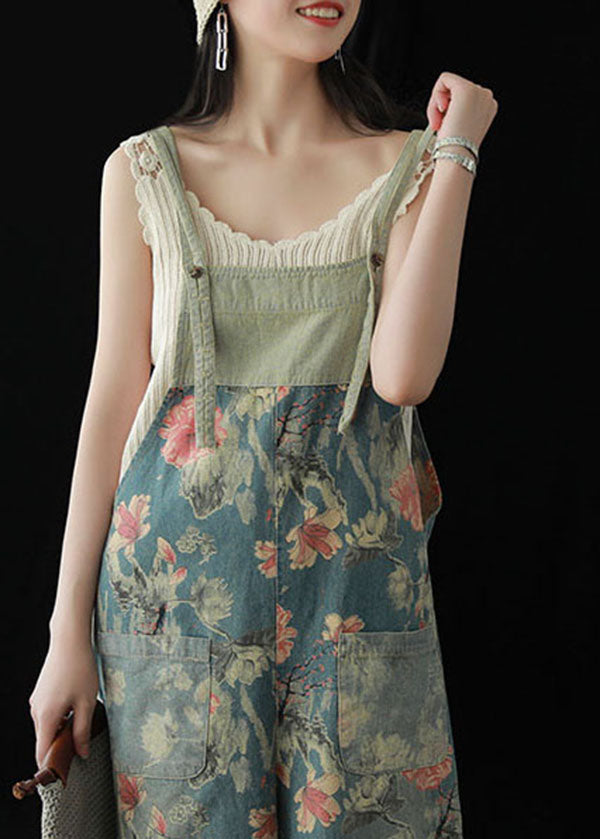Blue Pockets Patchwork Print Cotton Denim Wide Leg Pants Jumpsuit Summer