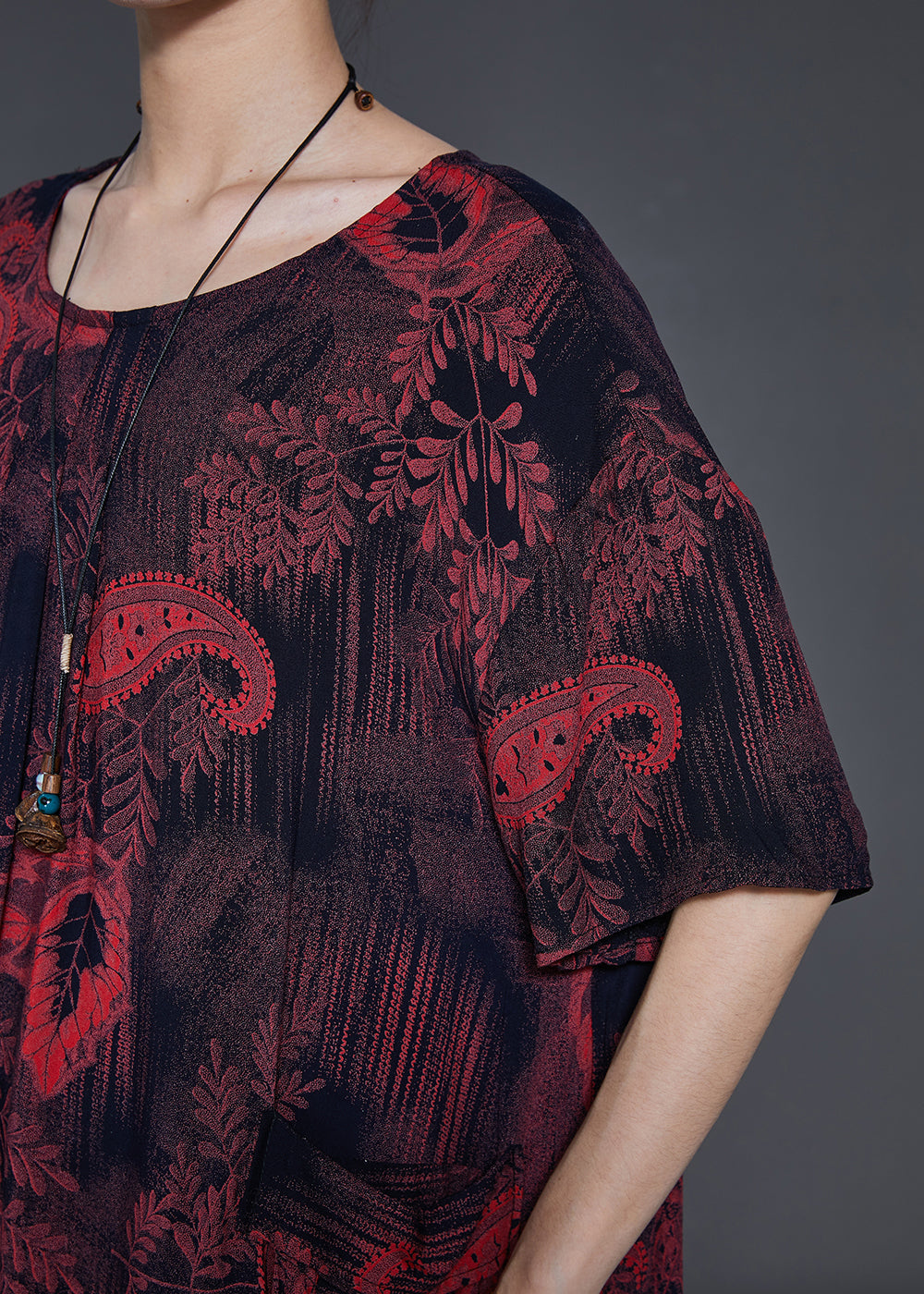 Classy Dull Red Print Pockets Cotton Long Dress Summer