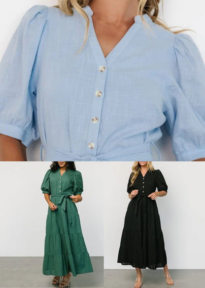 New Blackish Green Tie Waist Cotton Dress Short Sleeve