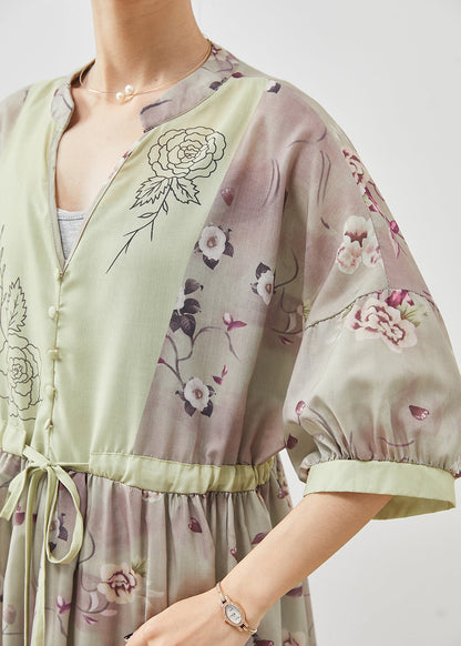 Khaki Print Patchwork Linen Cinched Dress Summer