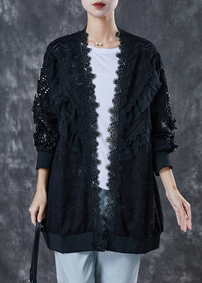 Black Oversized Patchwork Lace Cardigan Spring