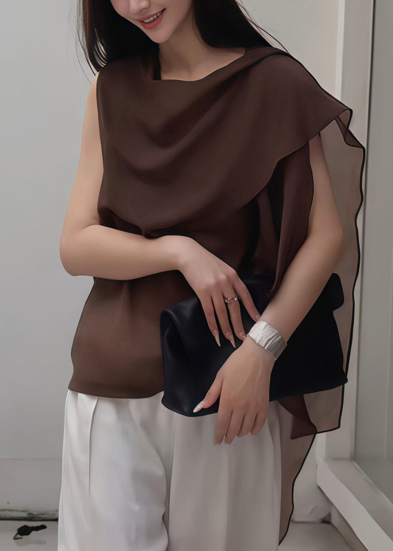 Brown Asymmetrical Chiffon Tank Tops Summer