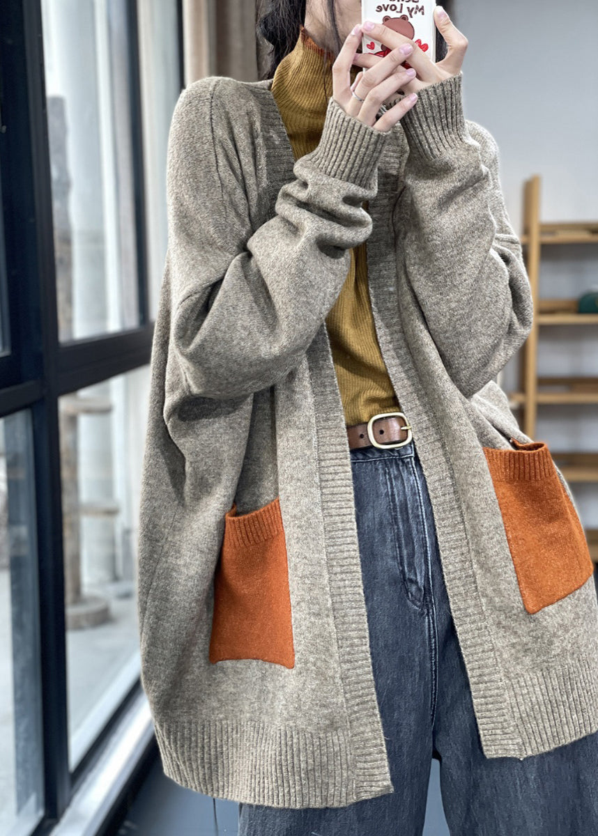 Khaki Pockets Patchwork Knit Cardigan Fall