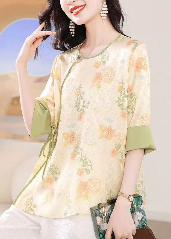 Chinese Style Apricot O-neck Jacquard Lace Up Silk Top Summer