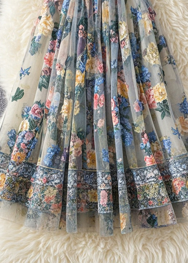 French White Print Tulle Holiday Skirt Summer