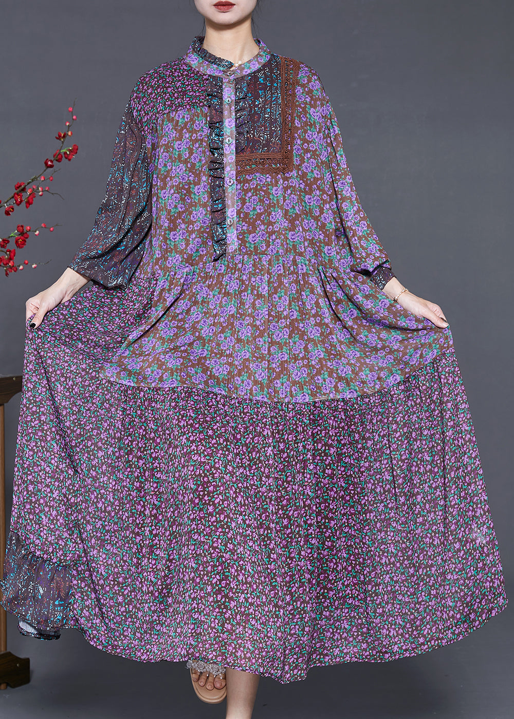 Purple Ruffled Patchwork Chiffon Dresses Summer