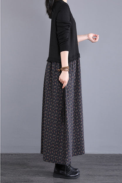 Fall Stitching Long Dress Retro Black Knitted Dress