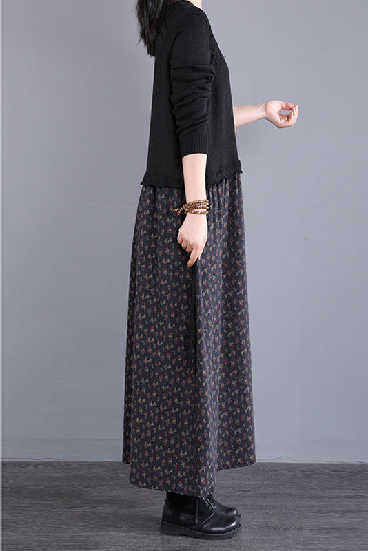 Fall Stitching Long Dress Retro Black Knitted Dress