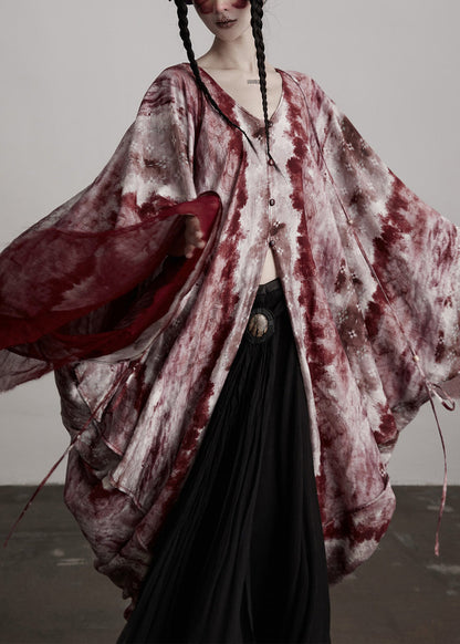 Red V Neck Asymmetrical Design Silk Cardigan Batwing Sleeve