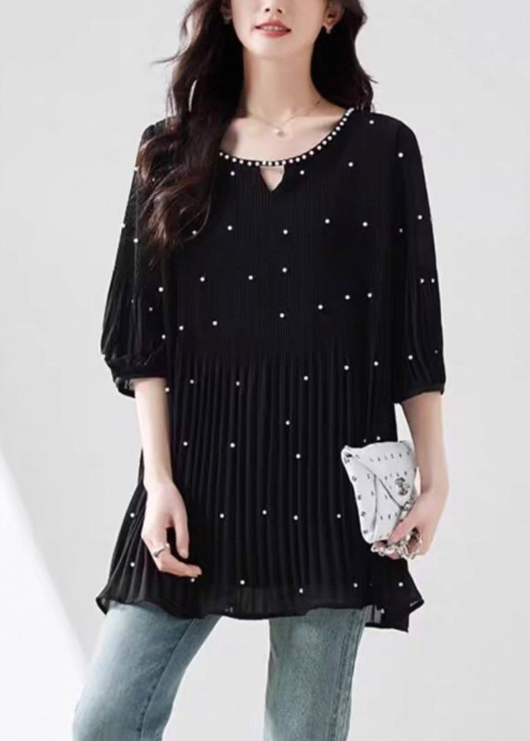 Modern Black O-neck Nail Bead Silk Top Half Sleeve