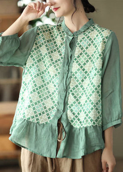 Black Print Patchwork Linen Shirt Three Quarter Sleeve