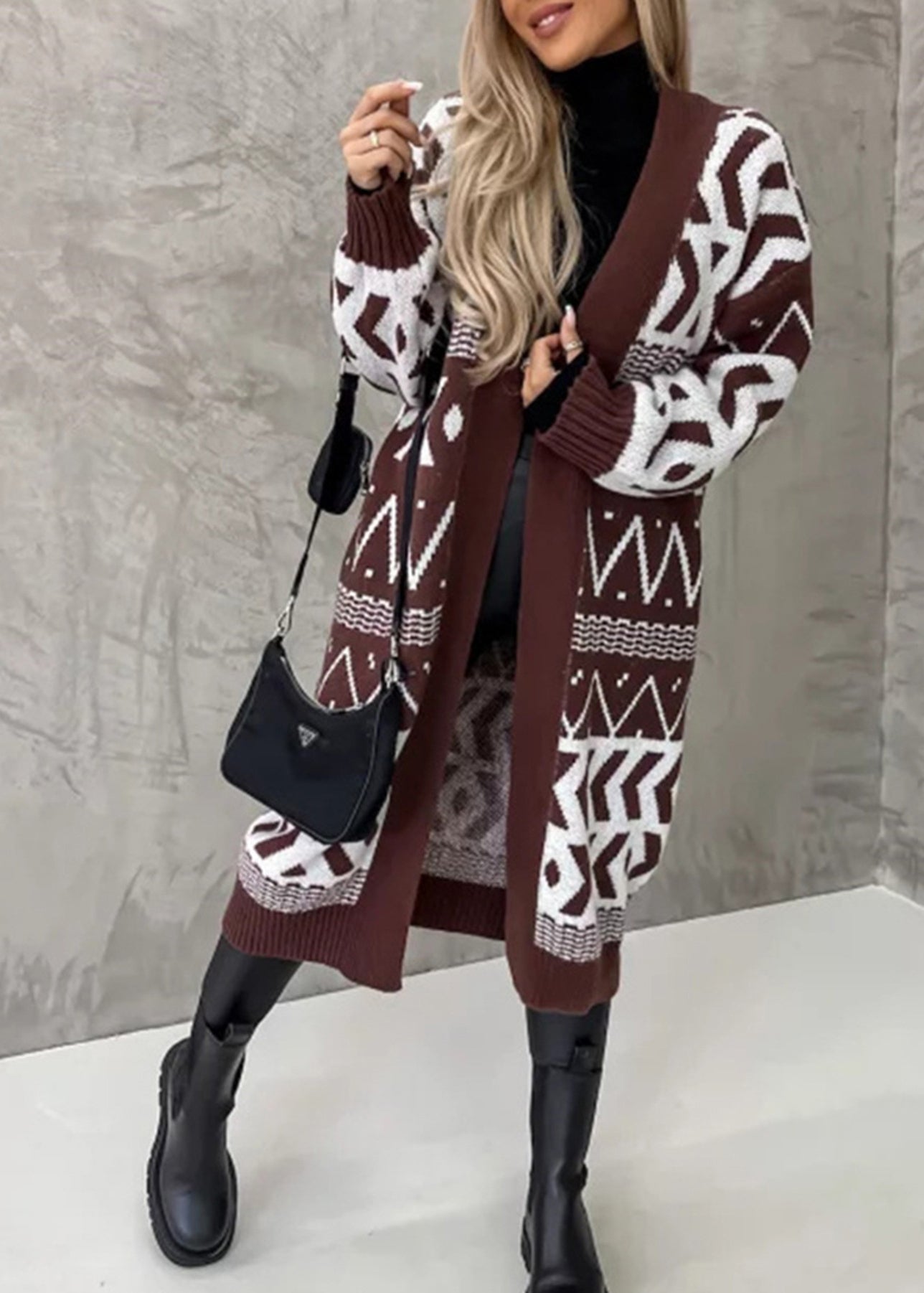 Black V Neck Geometric Jacquard Knit Cardigan Fall