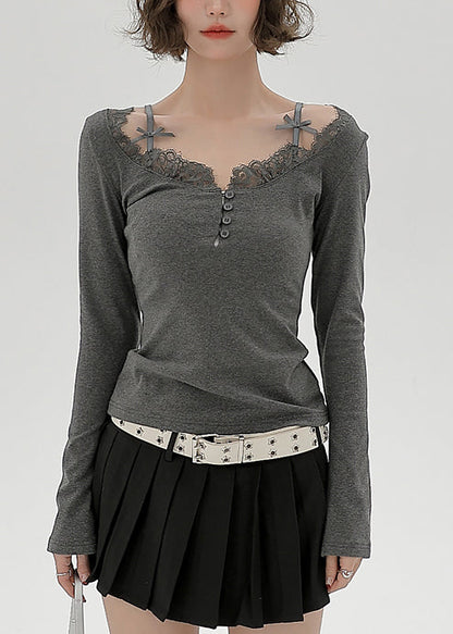Grey U Neck Lace Patchwork Cotton Shirts Spring