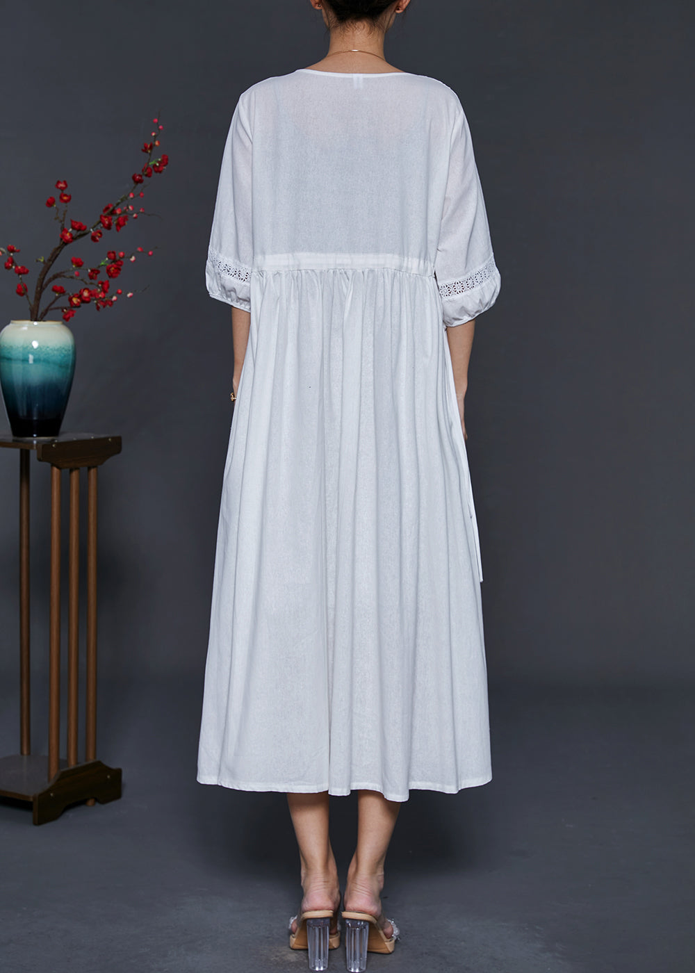 White Embroidered Cotton Cinched Dress Summer