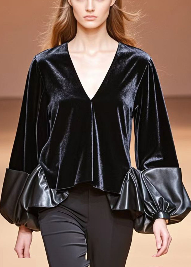 Unique Black V Neck Patchwork Pu Silk Velour Tops Lantern Sleeve