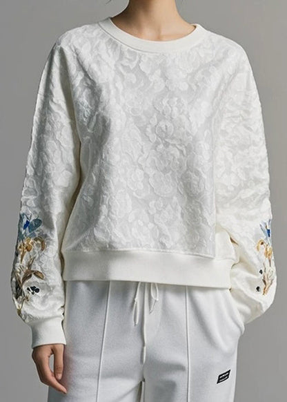 Jacquard White O Neck Cotton Sweatshirt Fall