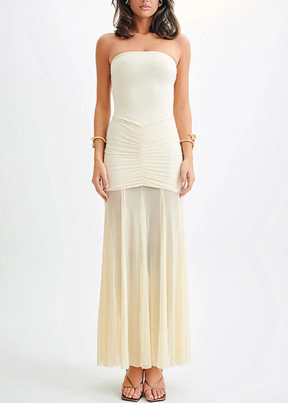 French White Wrinkled Patchwork Tulle Strapless Long Dresses Summer