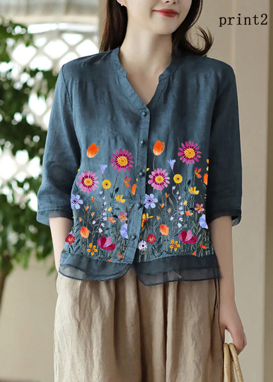 Blue V Neck Embroidered Ramie Shirt Half Sleeve