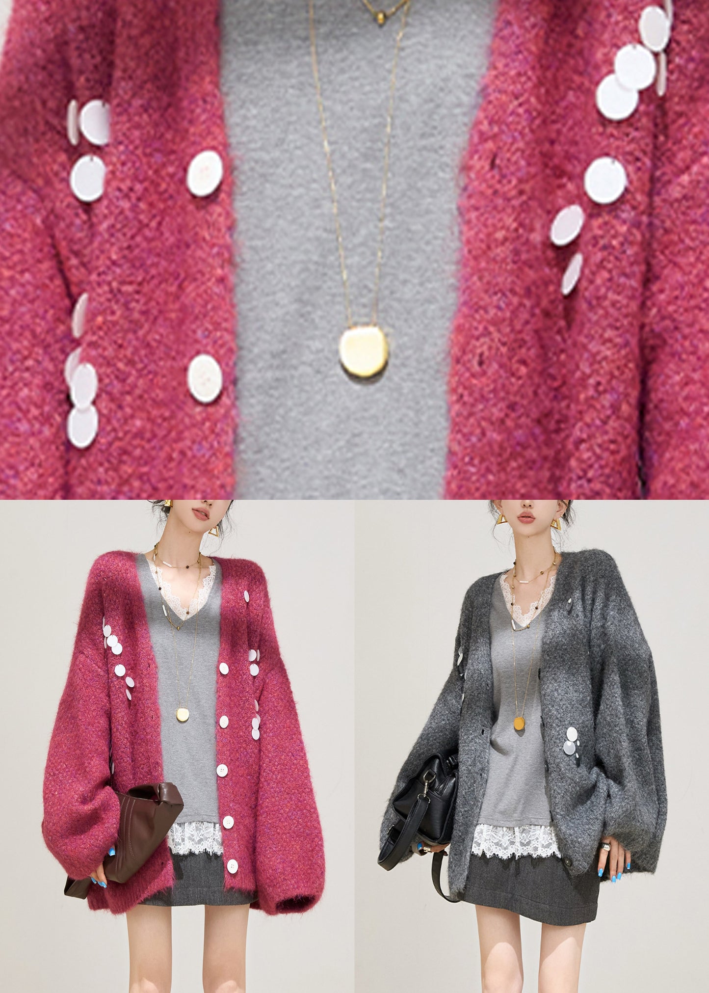 Grey Sequins Cotton Knit Cardigans Spring