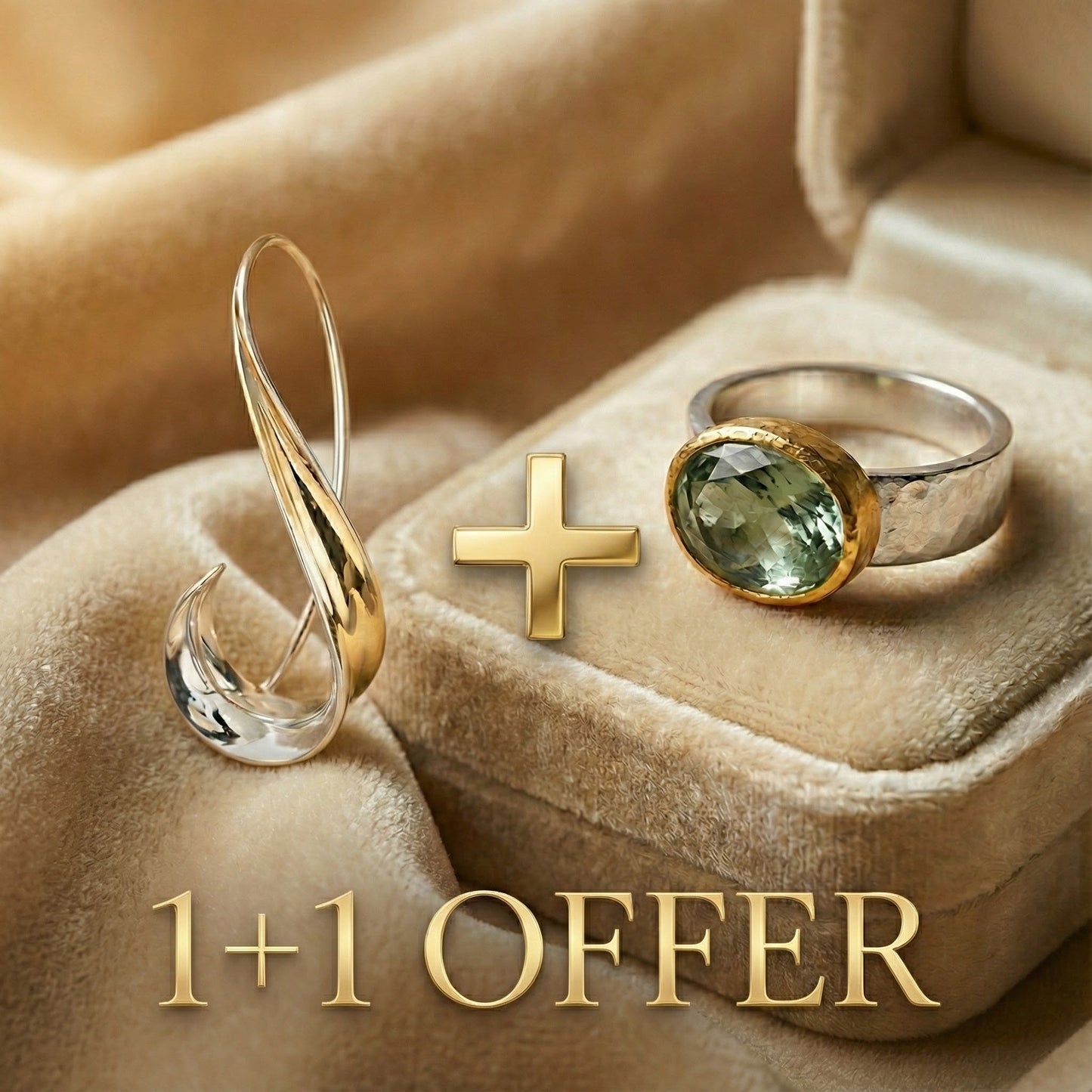 1+1 Offer: Green Ring With Rounded Stone, + Golden Dangling Earrings