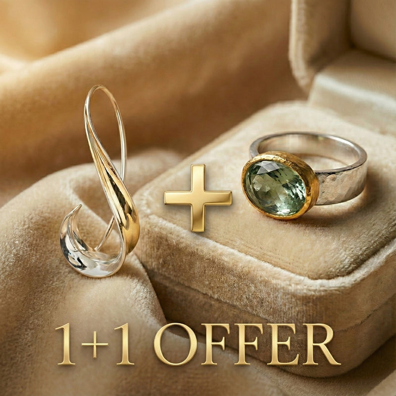1+1 Offer: Green Ring With Rounded Stone, + Golden Dangling Earrings