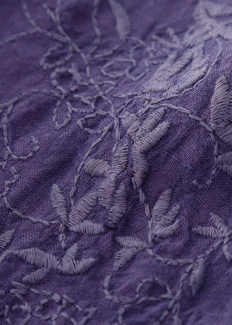 Dark Purple Embroidered Tie Waist Linen Maxi Dress Spring
