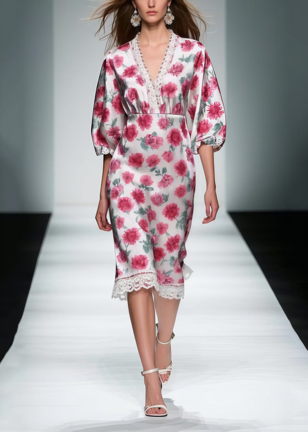 Pink Patchwork Lace Silk Mid Dress Summer
