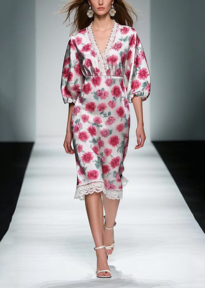 Pink Patchwork Lace Silk Mid Dress Summer