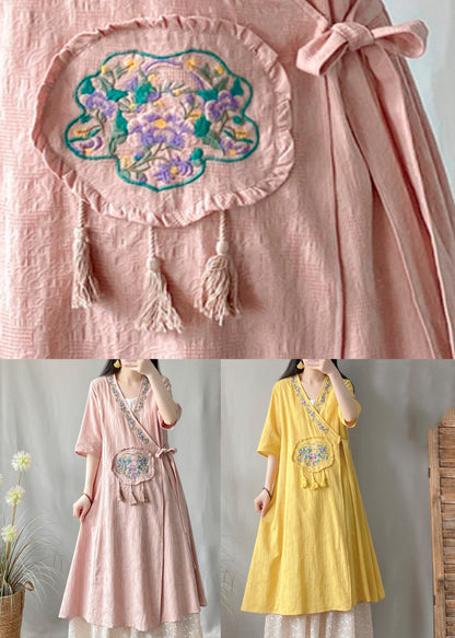 Yellow V Neck Tie Waist Maxi Cardigan Short Sleeve